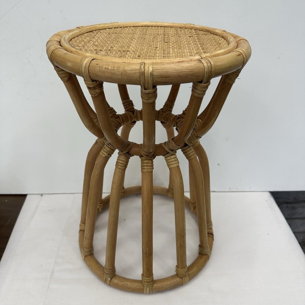 Rattan Bamboo Stool Ottoman Pouf Wicker Flower Stand, Natural Color 16.5" Tall